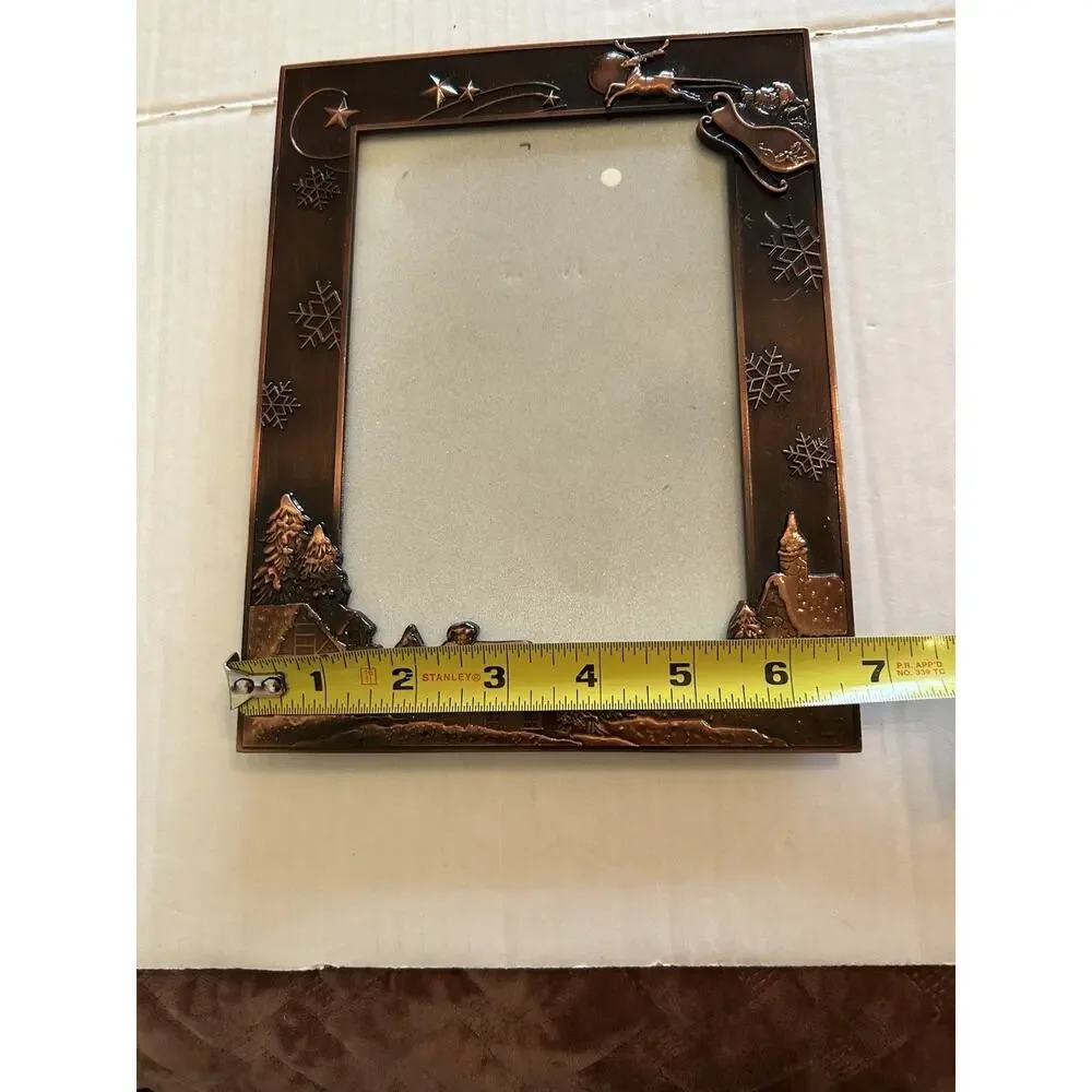 Vtg Copper Lacquer Christmas Metal 5x7 Photo Frame Flying Santa Sleigh Village